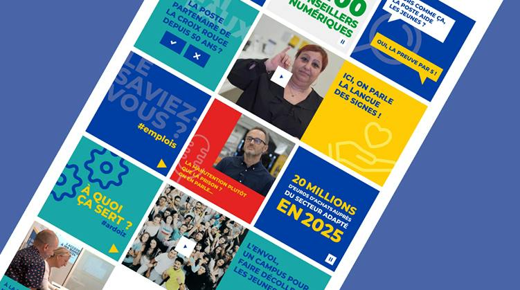 Bannière Home présentant la mosaïque de contenus concernant l'engagement social et sociétal du groupe La Poste