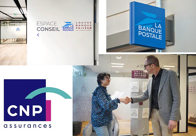 mosaique de visuels avec cnp assurances et louvres banque privée