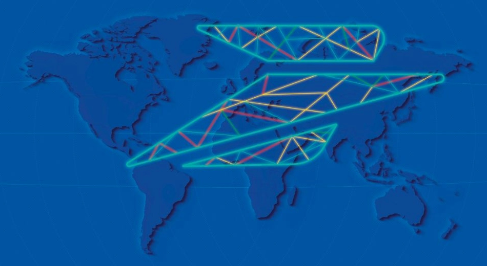 World map featuring multicolored illuminated lines forming the La Poste logo.