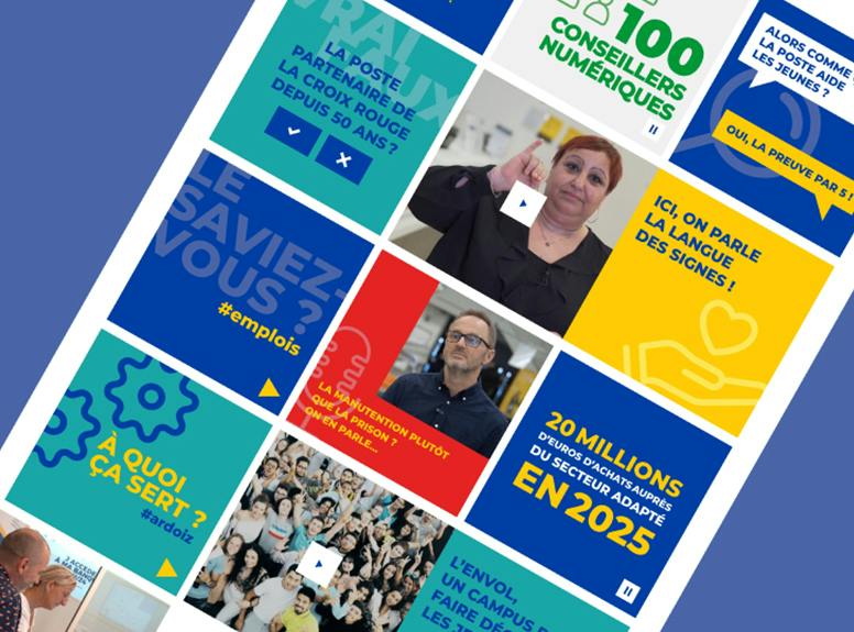 Bannière Home présentant la mosaïque de contenus concernant l'engagement social et sociétal du groupe La Poste